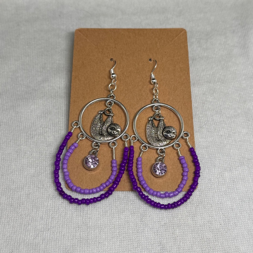 Silver and Purple Beaded Sloth Dangle Earrings